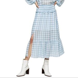 TOPSHOP Gingham Smocked Tiered Midi Skirt In Blue